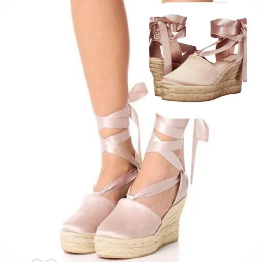 Tory Burch Blush Pink Satin Espadrille Wedge Sandals - Picture 1 of 6
